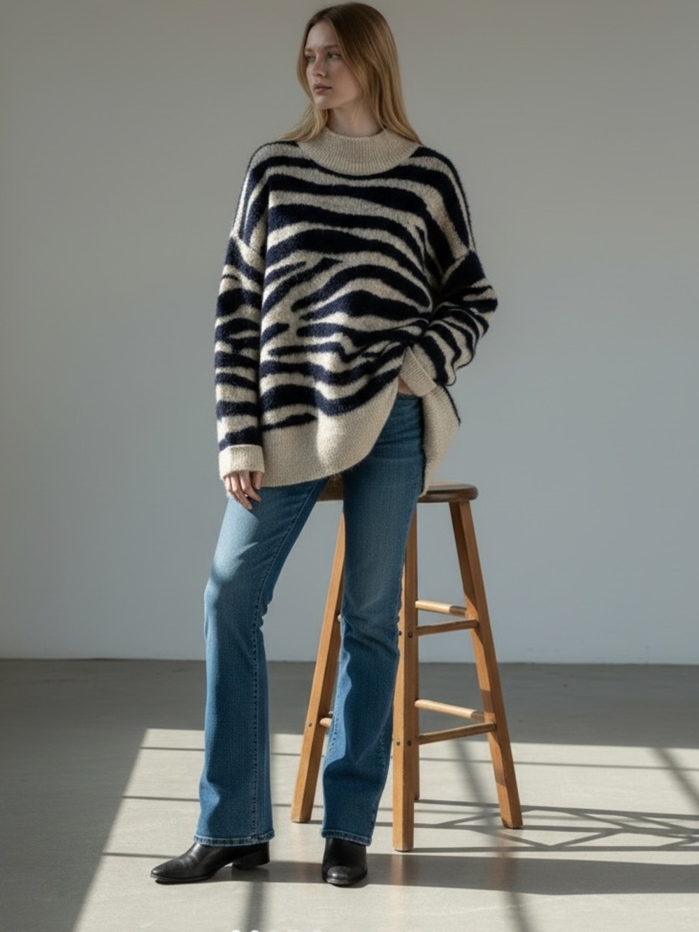 Anthropologie Twine & String Fuzzy Zebra Oversized Sweater Size L
